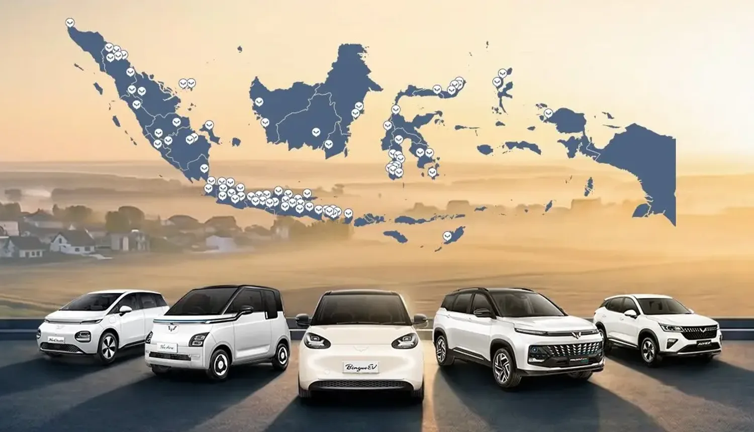 Peta jaringan dealer dan bengkel resmi Wuling yang tersebar di seluruh Indonesia bersama lineup mobil Wuling