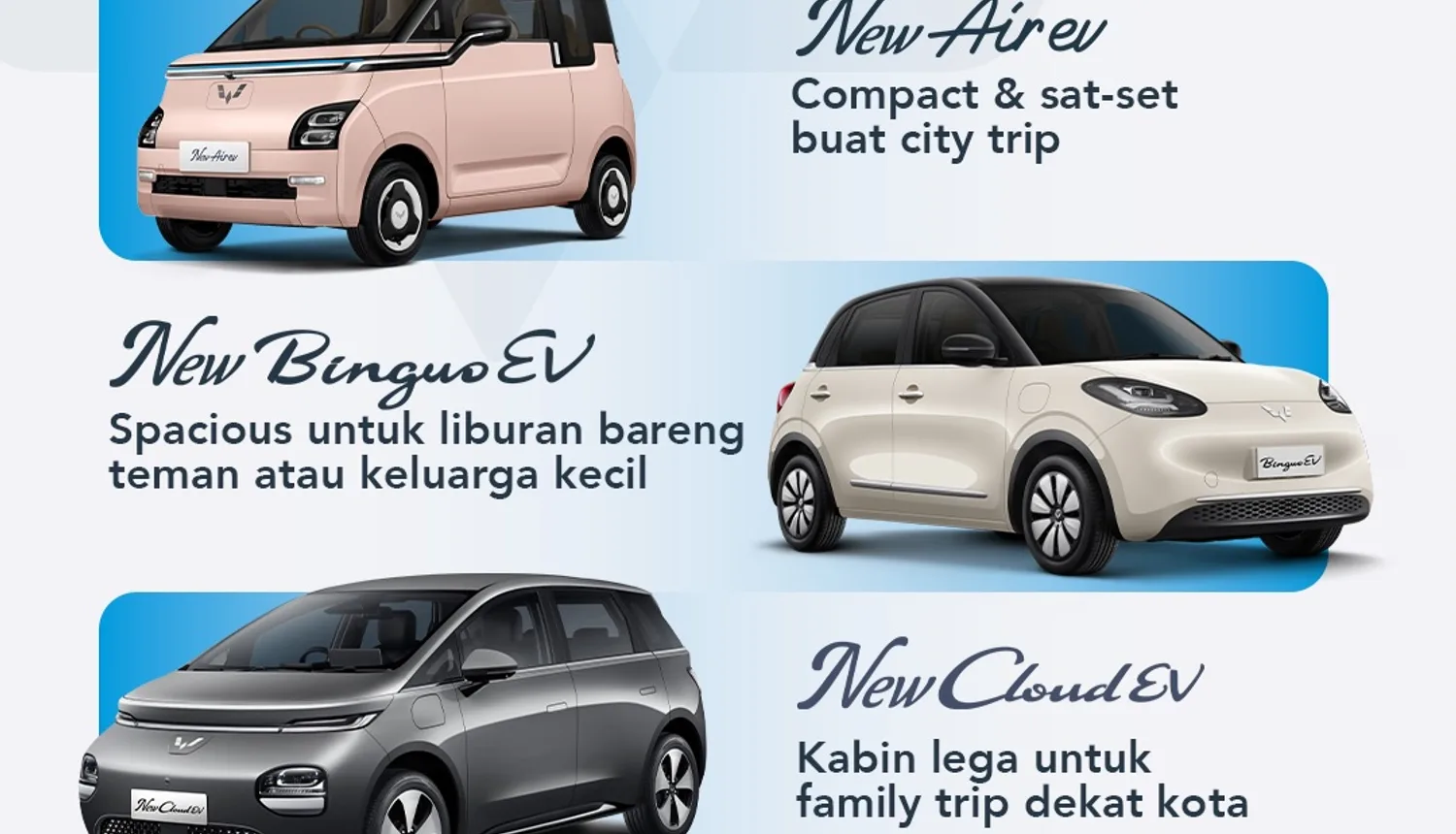 Lineup mobil listrik Wuling: Air EV, Binguo, Cloud, dan Darion untuk liburan