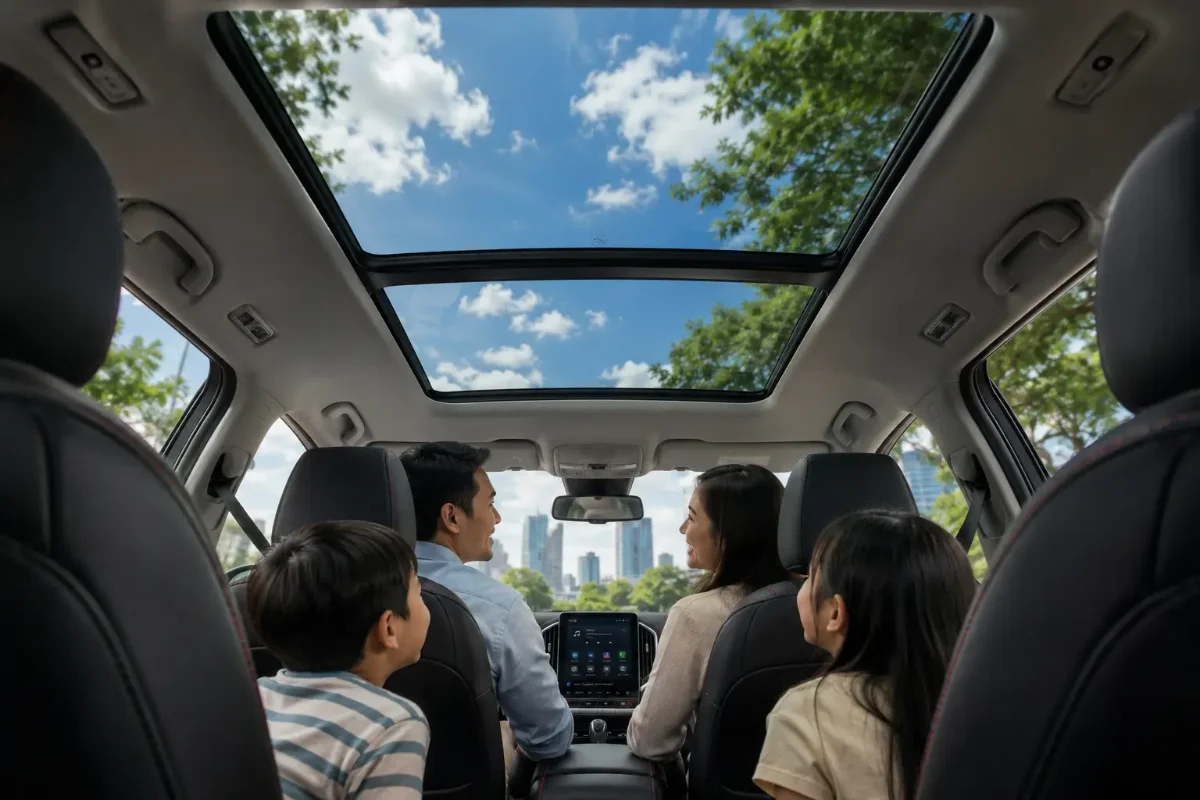 Interior Wuling New Almaz RS dengan kabin 7 kursi dan panoramic sunroof