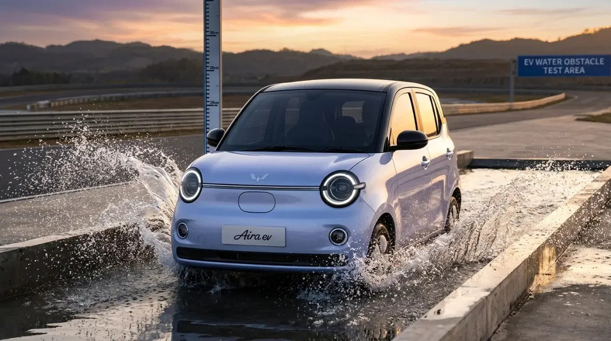 Wuling Aira ev menerjang genangan air di area uji EV water obstacle saat matahari terbenam