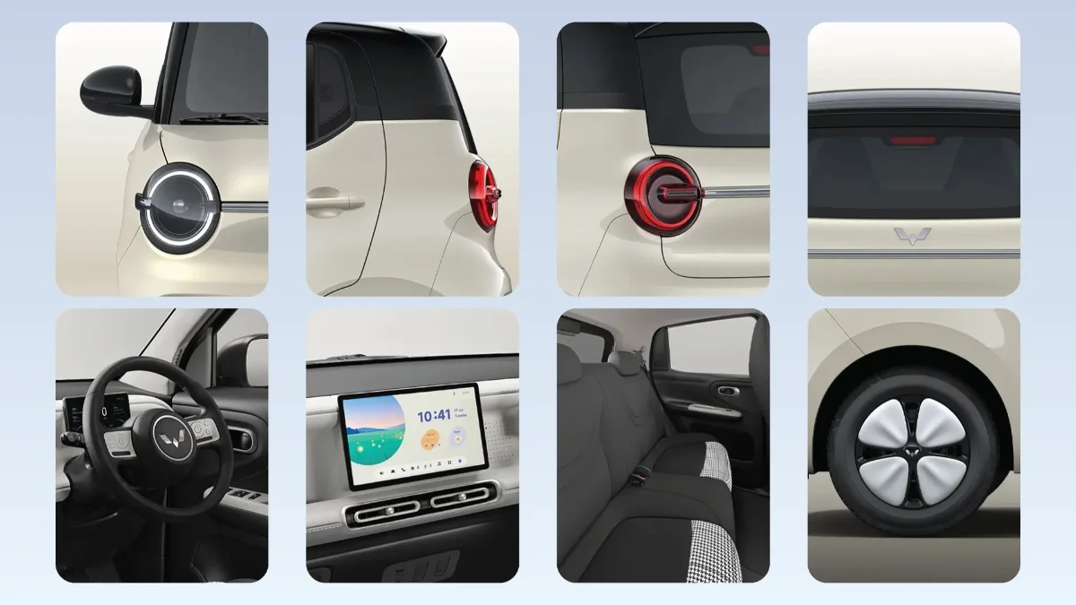 Delapan detail Wuling Aira ev: lampu depan bulat, gagang pintu, lampu belakang, buritan berlogo Wuling, setir multifungsi, layar sentuh 10,1 inci, kursi belakang, dan pelek