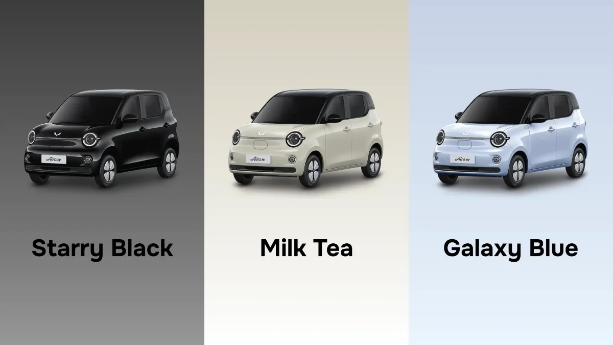 Tiga pilihan warna Wuling Aira ev: Starry Black, Milk Tea, dan Galaxy Blue