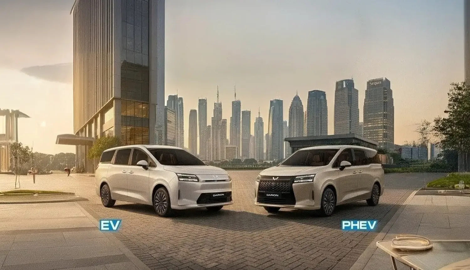 Wuling Darion EV dan PHEV berlatar gedung kota, pilihan elektrifikasi dengan jaminan purna jual
