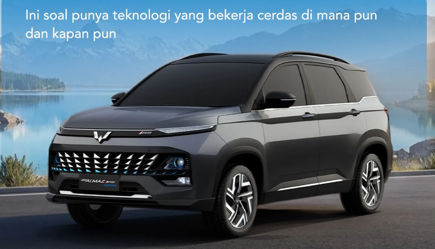 Wuling New Almaz RS dengan teknologi cerdas berlatar danau
